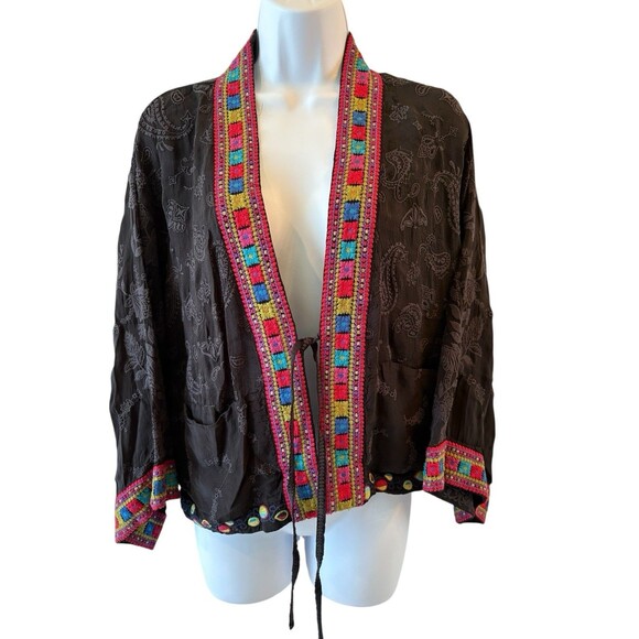 Johnny Was Star Danica Short Kimono Large Black Print Embroidered Jacket $388 - Picture 3 of 13